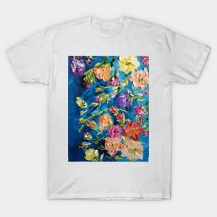 Teal with Bright Colorful Flowers, Flowers on Teal Painting, Bright bold colorful flowers, color pop decor, colorful artwork, floral decor T-Shirt